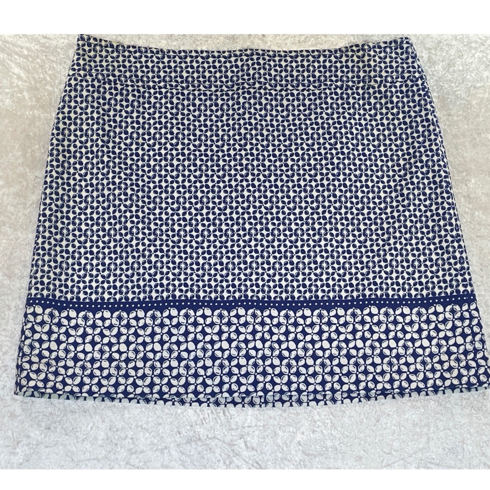 Talbots Mini Skirt Women 16 Blue White Geometric Floral Preppy A-Line Cotton